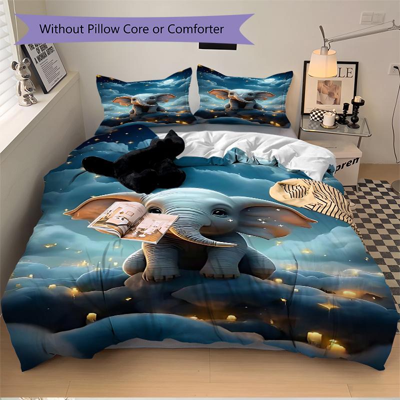 3pcs Anime Elephant Cloud Night Sky Comforter Set with One Quilt Cover and Two Pillowcases (No Core) - Festive Gift for Bedroom Decor, Polyester Fabri