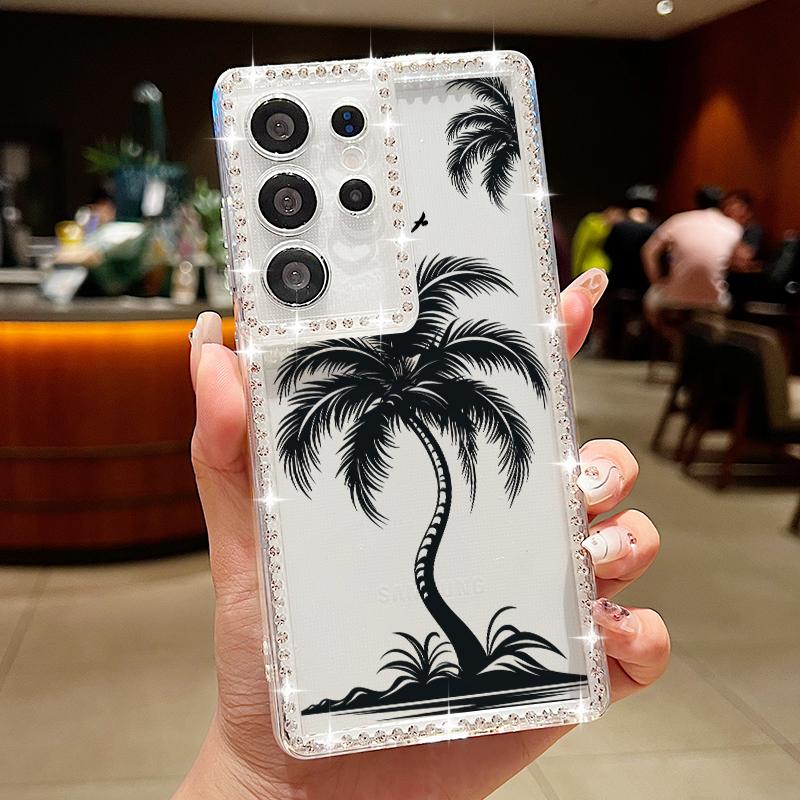 

Прозрачный чехол с ромбовидной рамкой и рисунком кокосовой пальмы для Samsung S25 Ultra S24 FE S23 A16 A56 A36 A15 A55, блестящий, противоударный, из мягкого силикона Samsung A52 / A52s