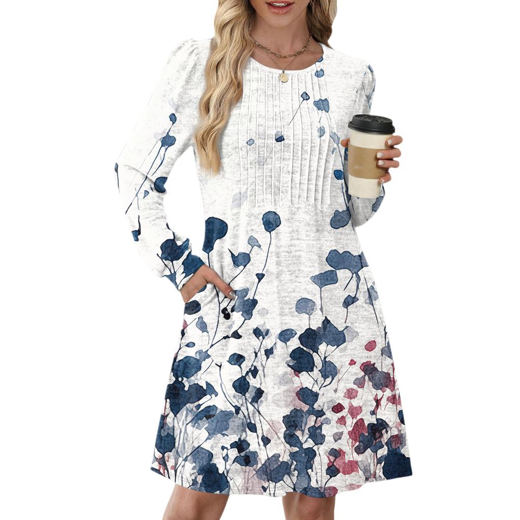 Women's Long Sleeve Pleated Round Neck Vintage Floral Print Casual Dress With Pockets