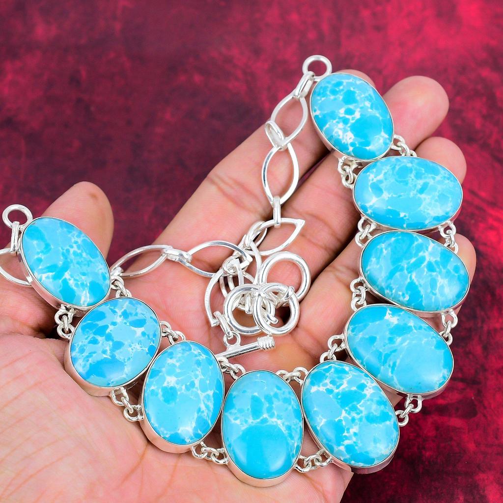 Larimar ručně vyráběný náhrdelník z drahých kamenů, 925 masivní náhrdelník ze sterlingového stříbra Jedinečný design šperků, náhrdelník s nastavitelným řetízkem