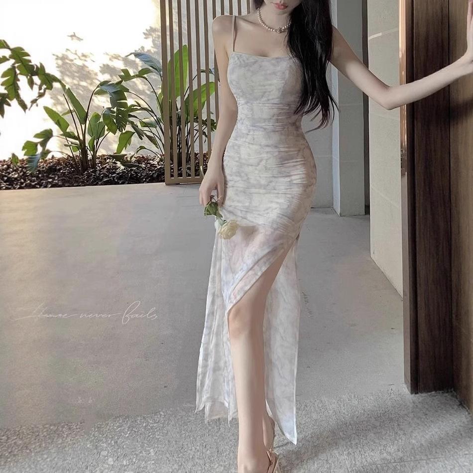 Pure desire style new Chinese sexy mesh suspender dress women's summer design sense split fork Spice girl waist hip long dress