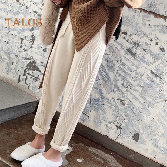 Women Harem Pants Elastic High Waist Adjustable Drawstring Knitting Pants Solid Color Loose Fit Rhombus Texture Long Trousers