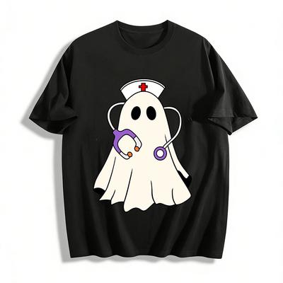 Halloween Geist Krankenschwester Aufdruck Lässiges Oberteil Reines Baumwoll-T-Shirt
