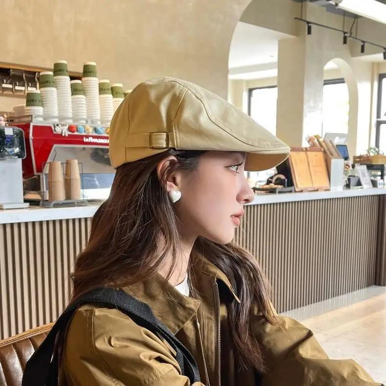 

Vintage Solid Color Berets for Women Adjustable Cotton Artist Painter Caps Spring Summer Casual Fashion Lady Forward Hats 55-59cm хаки