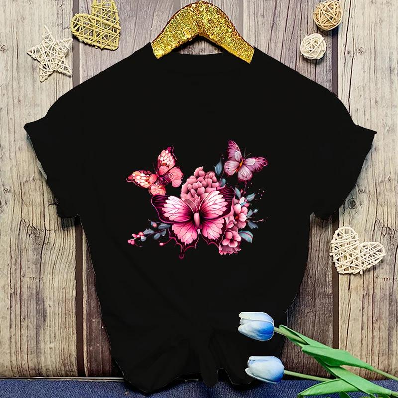 Flowers Butterfly Print Tshirt Summer Fashion Casual Short Sleeve Round Neck Tops Women/Mens T-Shirts