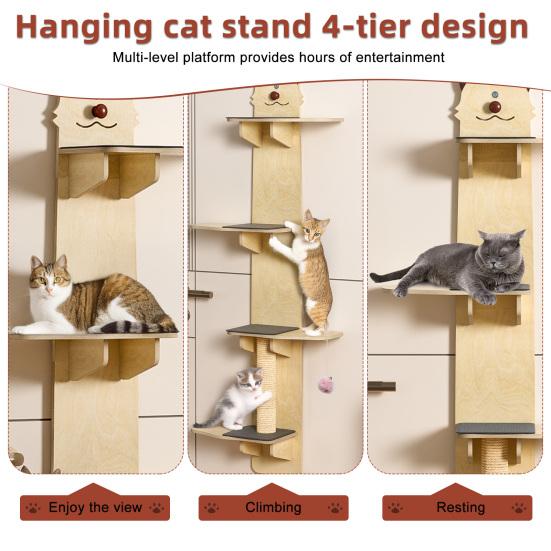 Scaffale ad Albero Verticale per Gatti da Appendere alla Porta, 4 Livelli, Mensole Multistrato con Tiragraffi, Cuscinetti, Pallina Giocattolo, Sopra