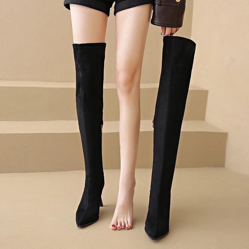 Artificial Suede Over The Knee Boots Pointed Side Zipper Thigh Boots Retro Brown Drawstring Winter Boots Big Size
