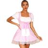 Women's French Maid Apron Cosplay Costume Lace Ruffle Tulle Plaid Fancy Dress