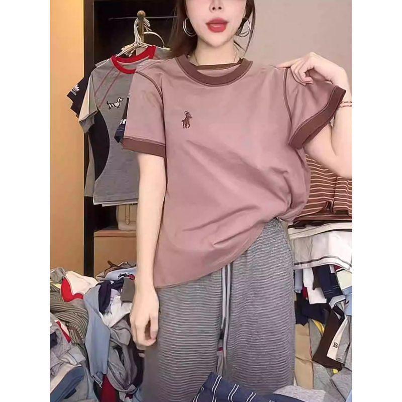 

Plus Size Women s Contrast Stitch Short Sleeve T-Shirt - Summer 2025 Slimming Loose Fit, Hide Flaws, Fashionable Outerwear 2XL розовый/кофейный
