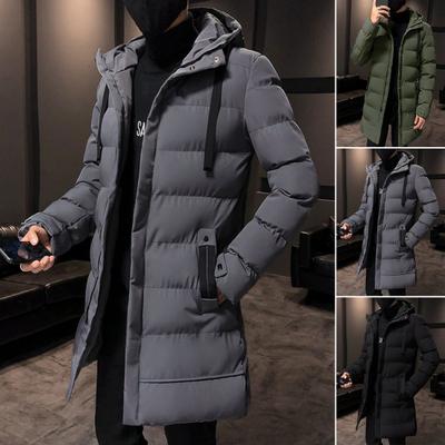 Autumn Winter Men Jacket Cotton Padded Hooded Long Sleeve Drawstring Mid-length Windbreaker