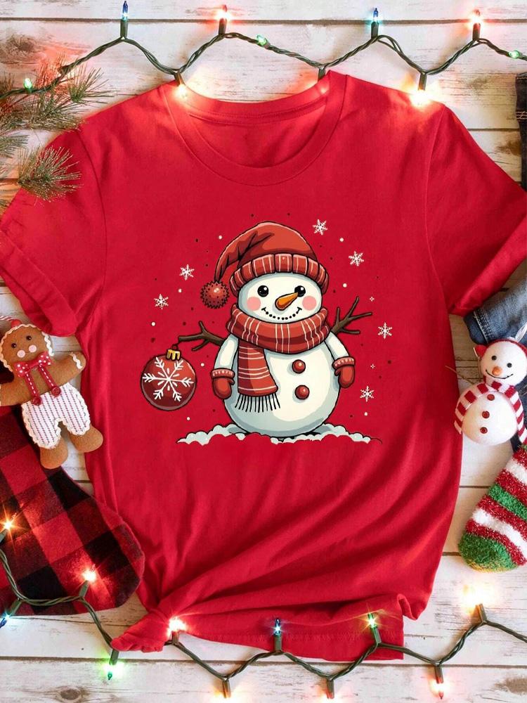 Casual Christmas Santa Claus T-Shirt for Women Loose Round Neck Short Sleeve Female T-shirt Tops Suitable for All Season