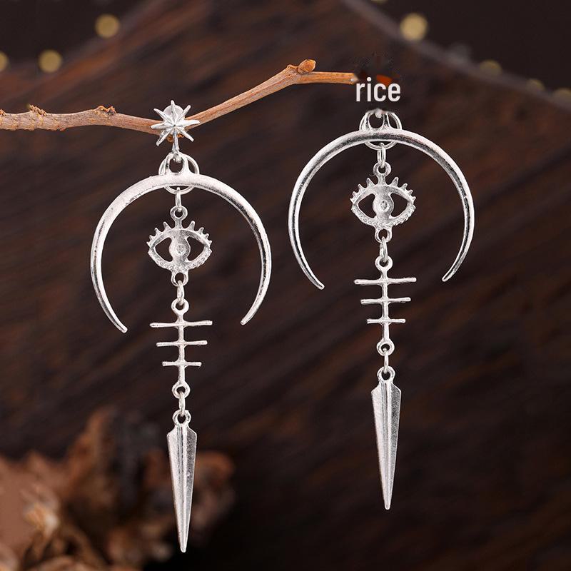 Gothic Punk Demon Eye Moon Earrings - Ancient Silver, Halloween Accessory, Long Metal Design