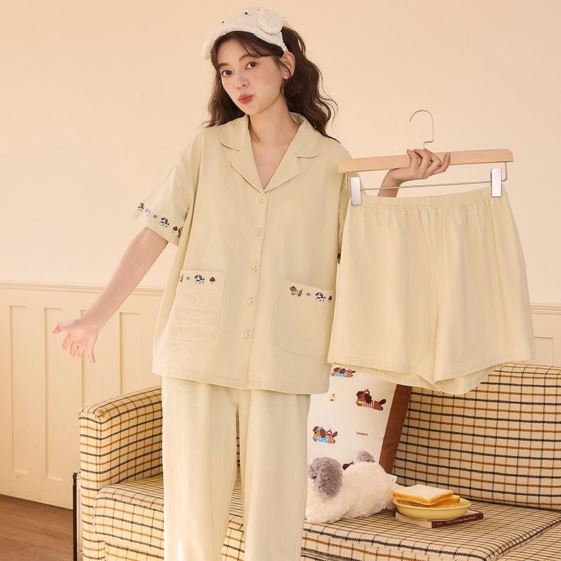 

2026 Women s Summer Three-Piece Set: Comfortable, Breathable Lapel Pajamas with Chest Pads for Home and Outerwear. XL