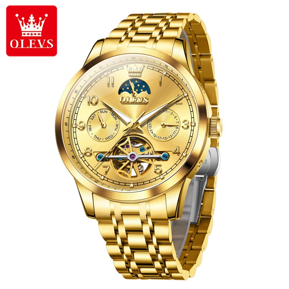 OLEVS Men's Watches Top Brand Luxury Original Automatic Mechanical Wristwatch for Man Moon Phase Date Week Flywheel Waterproof