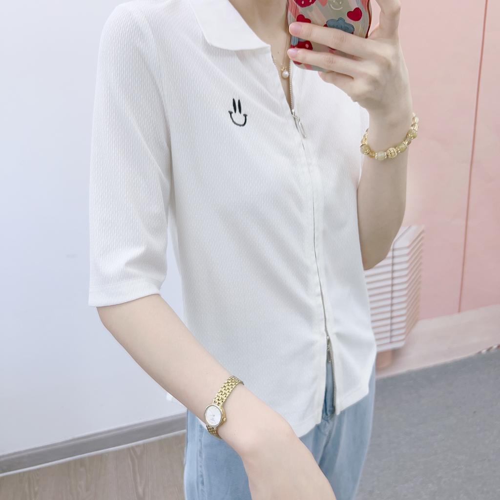 Spring and Summer Hanpai Brand Counter Women's Fashion Korean Version Lapel All Zippered Knitted Small Shirt