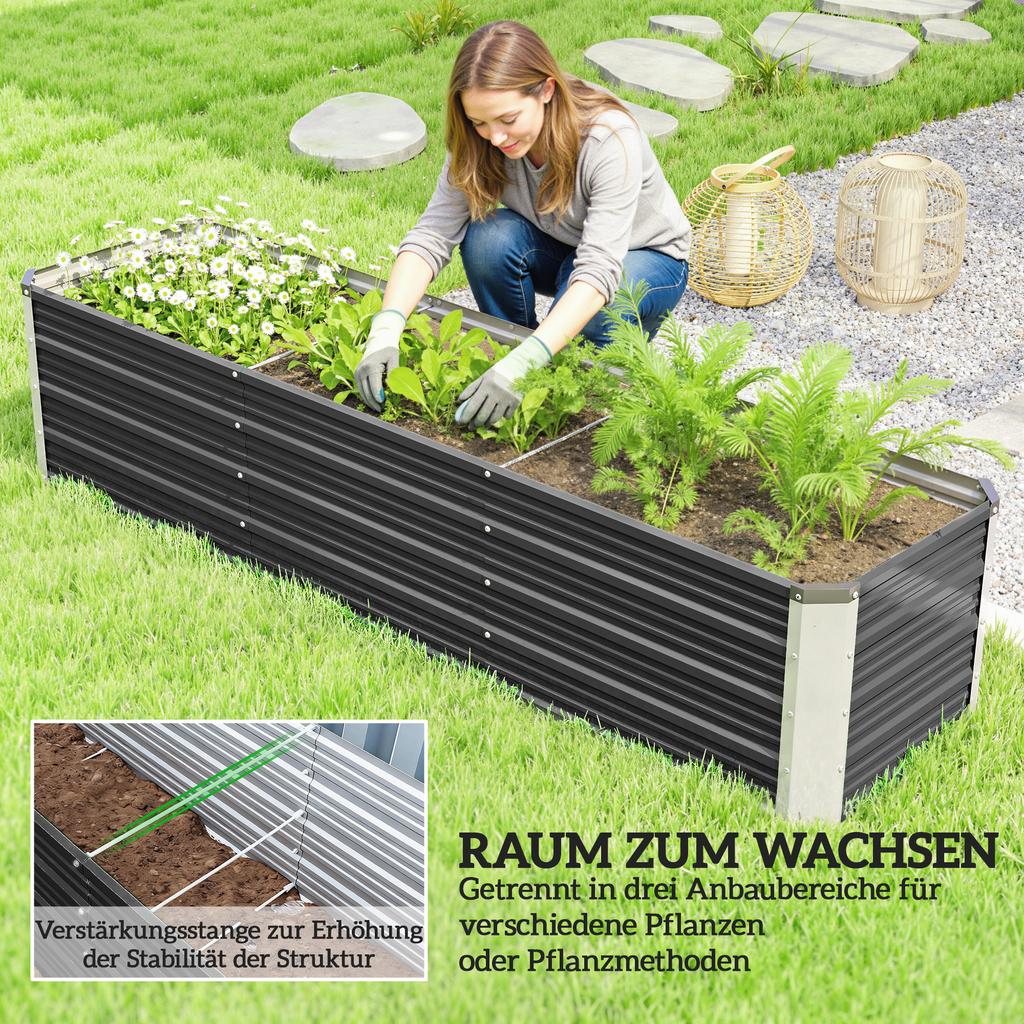 Raised Steel Garden Bed, Planter, Flower Box, Flower Pot with Gloves, Gray, 183 x 47 x 40 cm