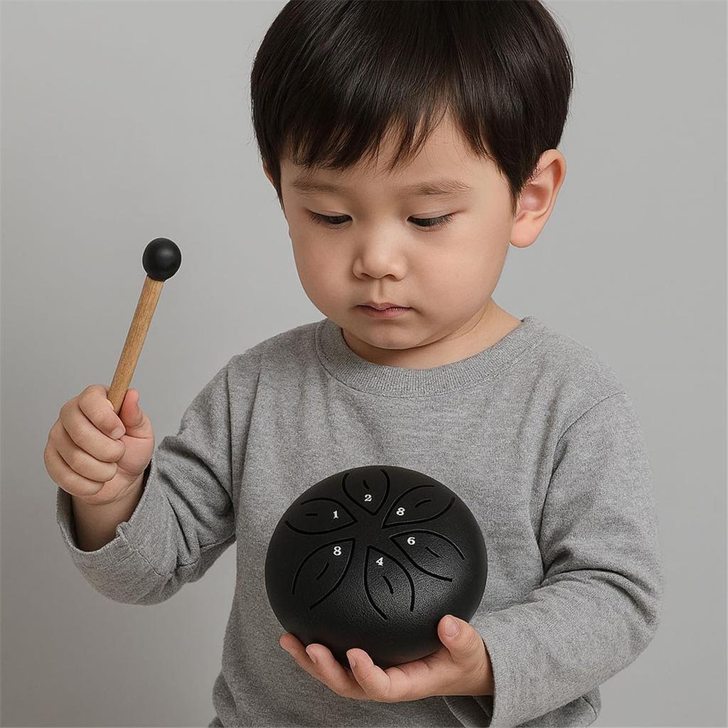 3-inch Mini Sky Spirit Drum (6-note Scale) Portable Children's Musical Instrument Toy, Handcrafted by Artisans (Black)
