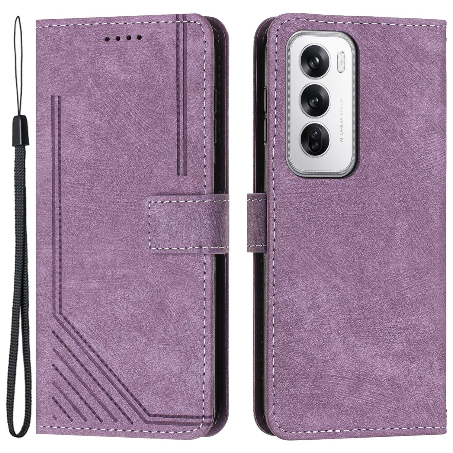 

For Oppo Reno12 5G (Global) Cell Phone Case Lines Imprinted Skin-Touch PU Leather Wallet Cover Purple