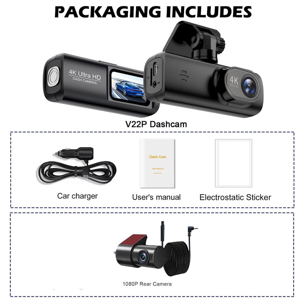 V22 4K Dual-Lens Dash Cam with GPS & Reversing Cam, Front & Rear Recording, Mobile App Integration