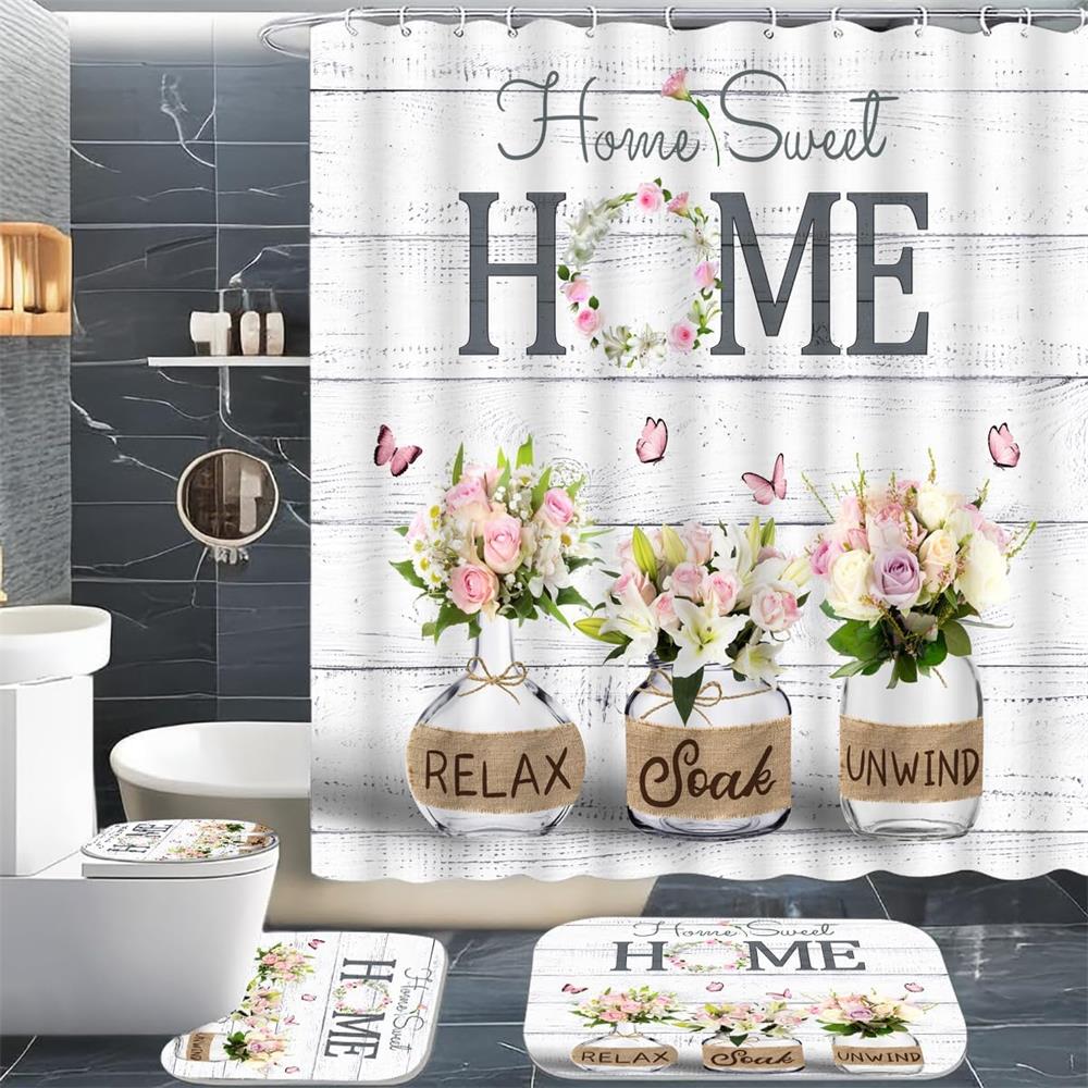 Blue Hydrangea Shower Curtain Set Rustic Butterfly Floral Bath Curtains Home Bathroom Decor Floor Rug Bath Mats Toilet Lid Cover