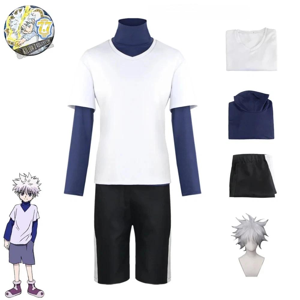 Hunter X Hunter Killua Zoldyck Cosplay Costume Number 99 Badge Halloween Christmas Party Cosplay Suit Shirt Short White Wig