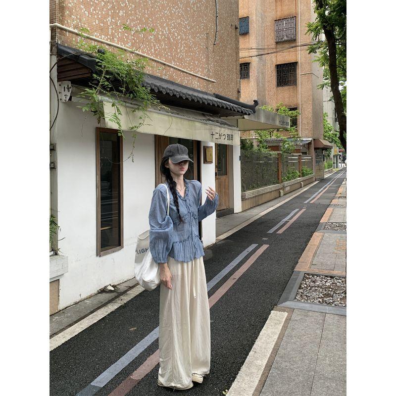 Kumikumi Design Sense Blue Plaid Lace-up Temperament Long Sleeve Shirts Women Autumn Loose Age-Reducing Versatile Top