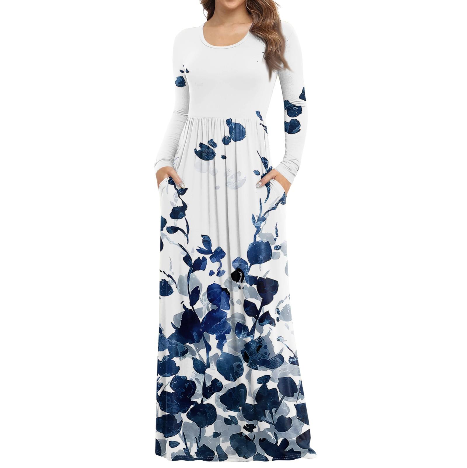 

Women s Fashion Casual Print Round Neck Long Sleeve Extra Long Dress With Pockets XXL