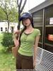 Green fake two-piece splicing front shoulder short-sleeved T-shirt women's summer new slim-fitting and thin Korean crew neck top