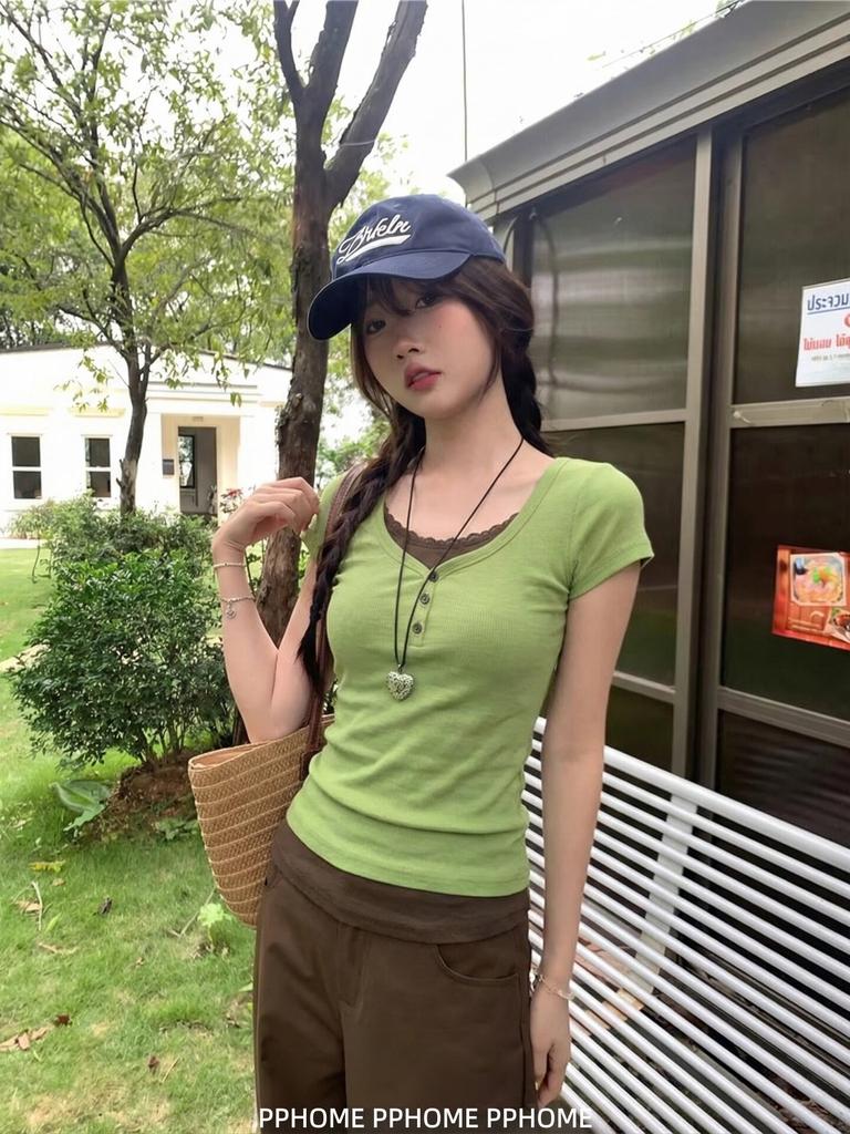 Green fake two-piece splicing front shoulder short-sleeved T-shirt women's summer new slim-fitting and thin Korean crew neck top