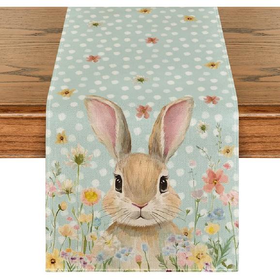 Artoid Mode Bunny Rabbit Floral Polka Dot Happy Easter Table Runner,Seasonal Spring Kitchen Dining Table Decoration for Home Party Decor 13x60 Inch