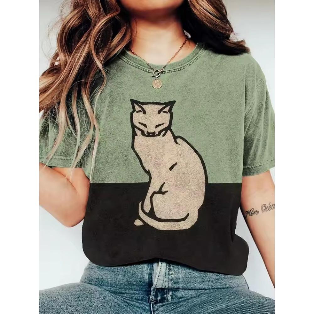 Cartoon Character Pattern Denim Print Round Neck T-shirt for Spring and Summer Casual Short Sleeved Top Women's Clothing
