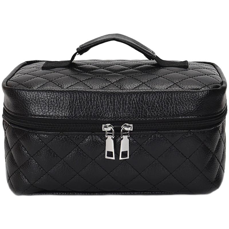 Schwarze karierte quadratische Make-up-Tasche mit großer Kapazität, Aufbewahrungstasche aus weicher Lederstruktur, neue Mode für Damen, einfacher Stil, solide Handtasche