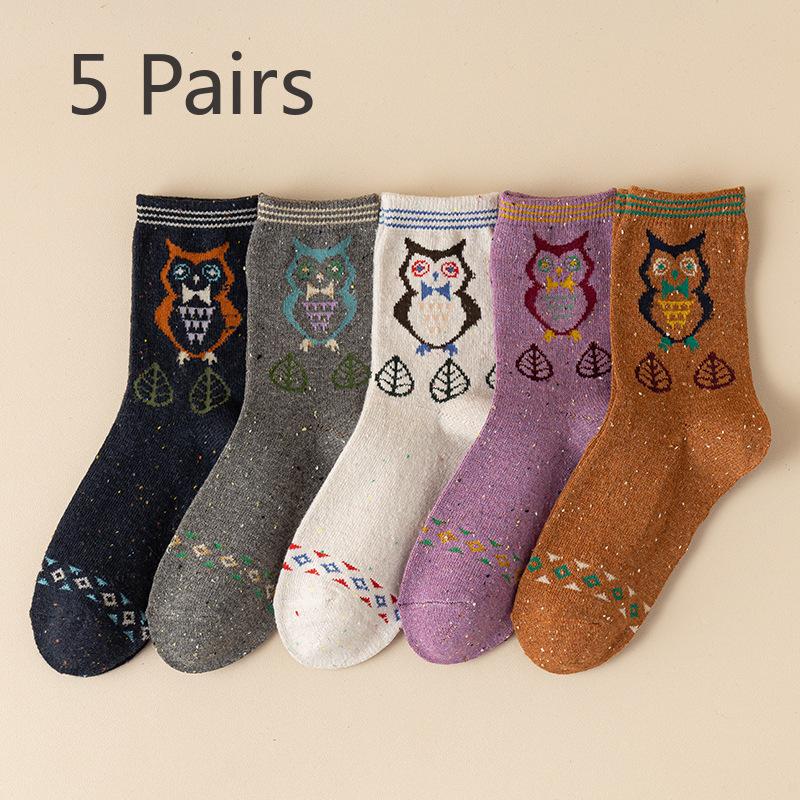 5 Pairs of Female Cute Cartoon Dot Yarn Cat Thick Warm Tube Socks