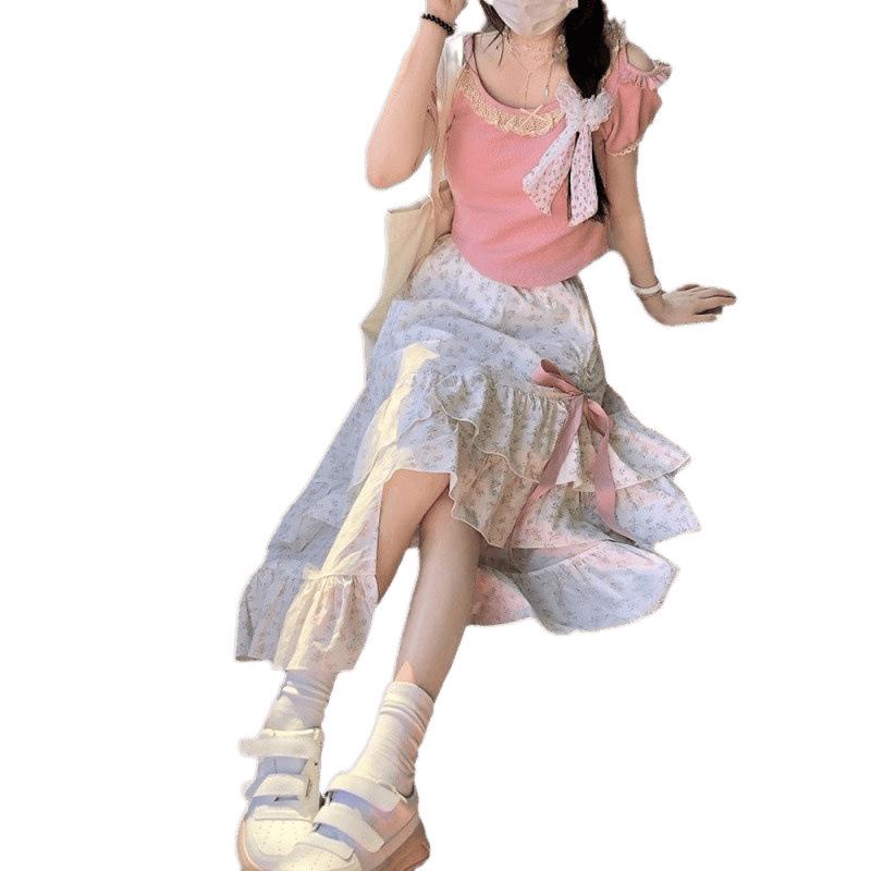 zZZZ Floral Bow Drawstring Midi Skirt - Irregular Hem, High Waist A-Line for Petites, Girly Style