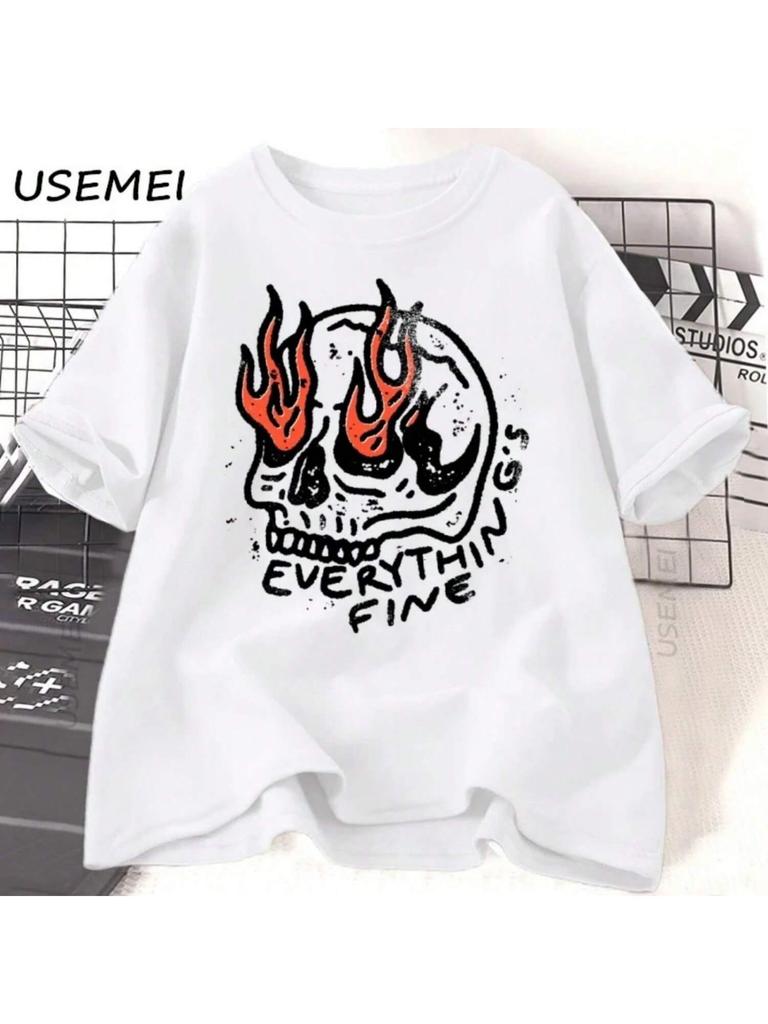 Everything Is Fine T Shirt Women Men Vintage Short Sleeve T-Shirt Skull Graphic Tee Casual T-Shirts Clothes Summer Top