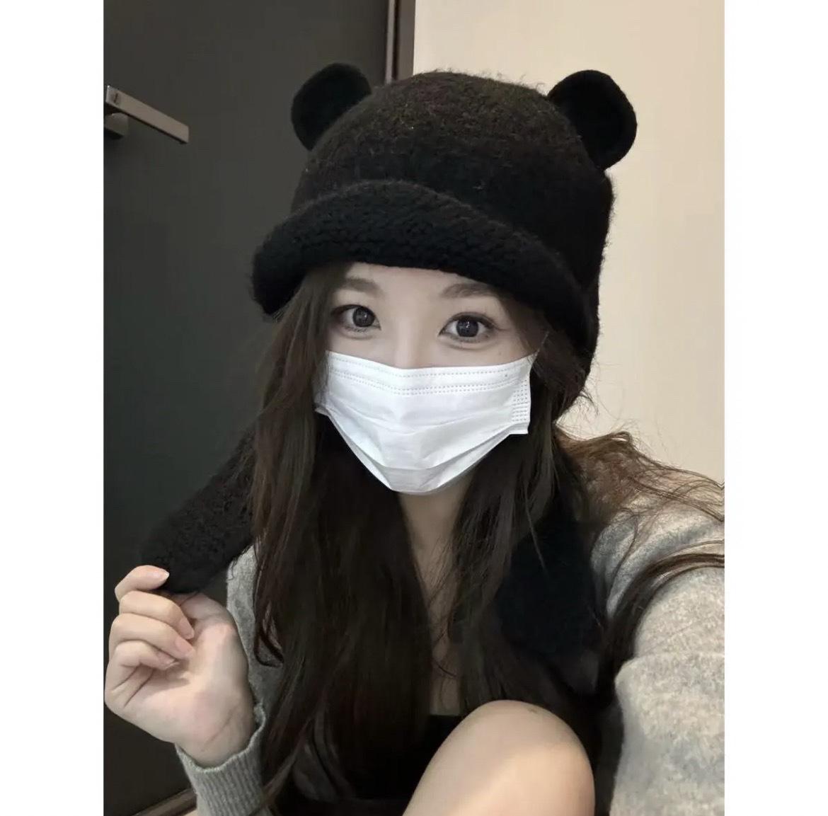 New Knitted Bear Lei Feng Hat Ear Protector Hat Fashion Lazy Style Cute Bear Ears Versatile Wool Knitted Hat M（56-58cm）