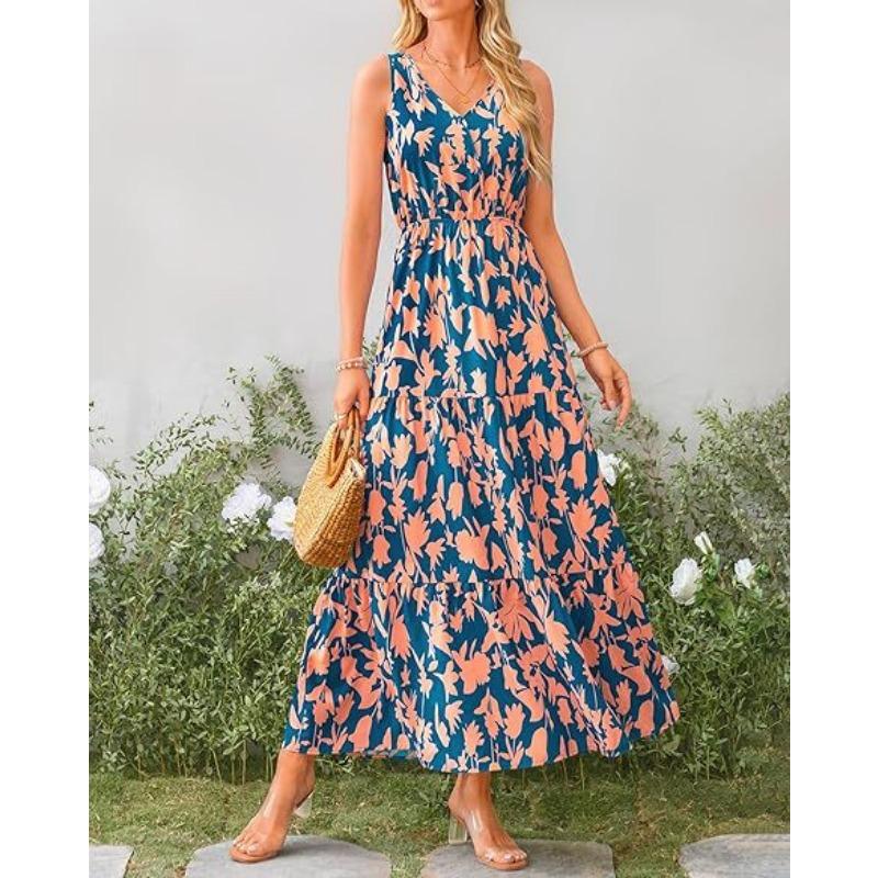 Summer Women's Dress V-Neck Elastic Waist Printed Casual Sleeveless Dresses