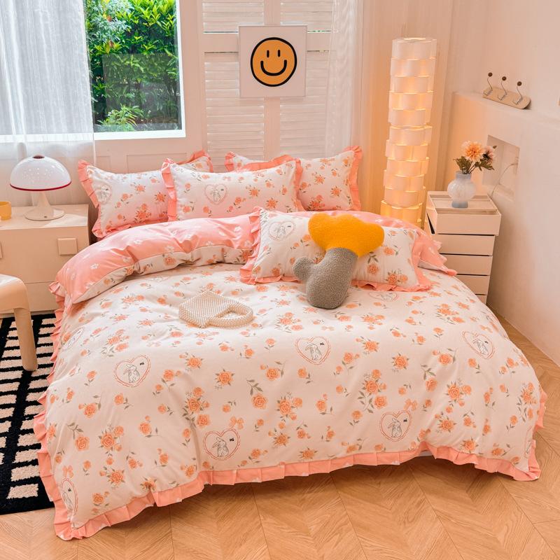 Korean Style Bed Skirt Four-piece Set Pure Cotton Edge Bed Sheet Thickened Plant Cashmere Brushed Skin-friendly Bedding