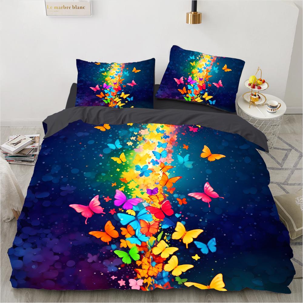 Padrão colorido retrô de borboleta com impressão 3D (conjunto de três peças) conjunto de cama de casal queen size fronha edredom