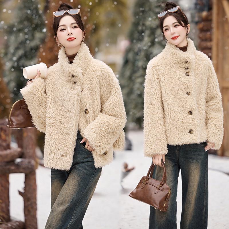Women's Wool Fur-Trim Coat - Autumn/Winter, Casual Loose Fit, Stand-Up Collar, Single-Breasted (HE8835)
