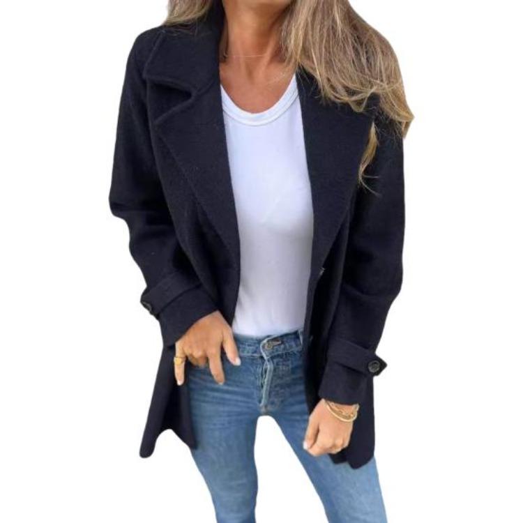 Manteau en laine de couleur unie pour femmes, mi-long, à revers, manches longues, simple boutonnage, vêtement d'extérieur avec poches latérales, style pour les déplacements