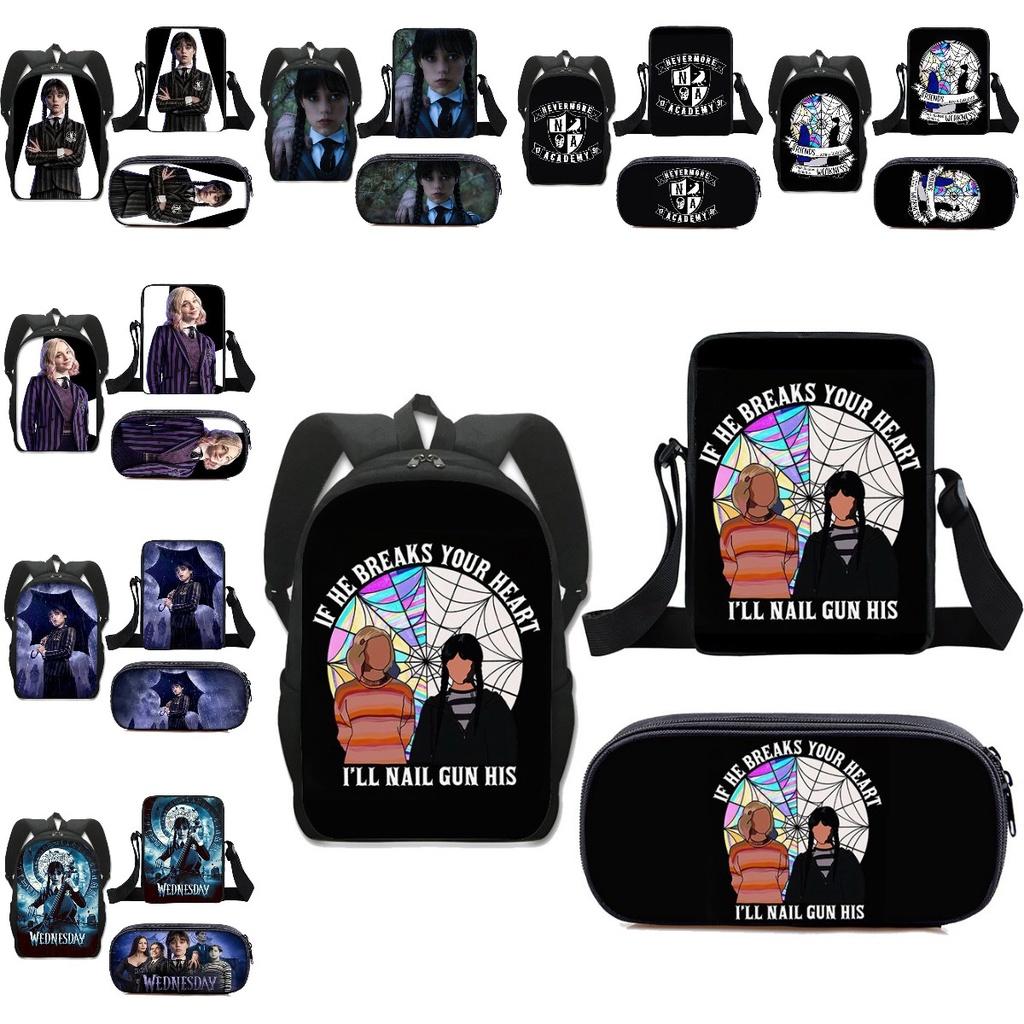 3pcs Wednesday The Adams Family Backpack+shoulder Bag+pencil Case Set Kids Gift