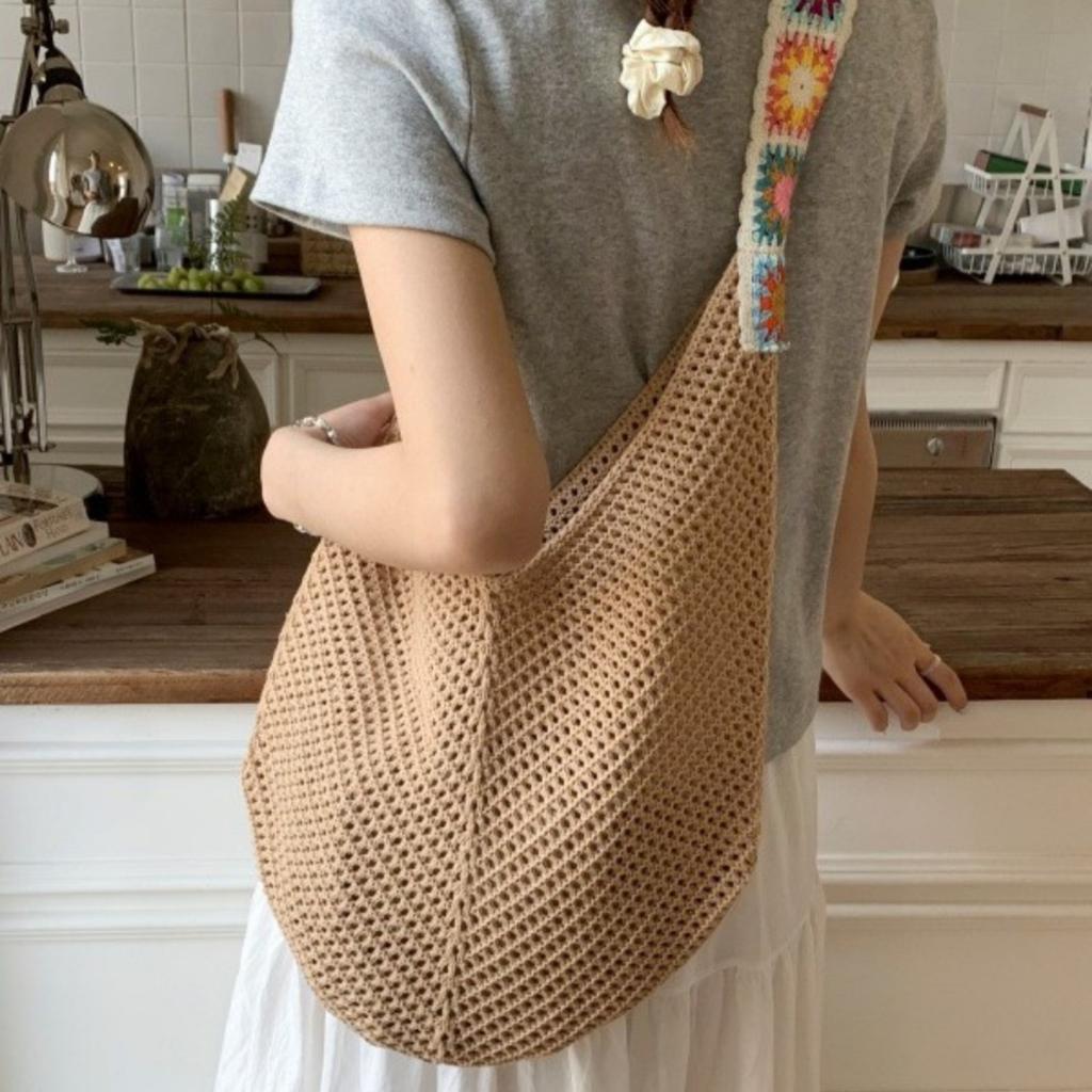 Mesh Beach Bag Knit Summer Hobo Bag Vacation Boho Tote Bag for Women Crochet Tote Bag