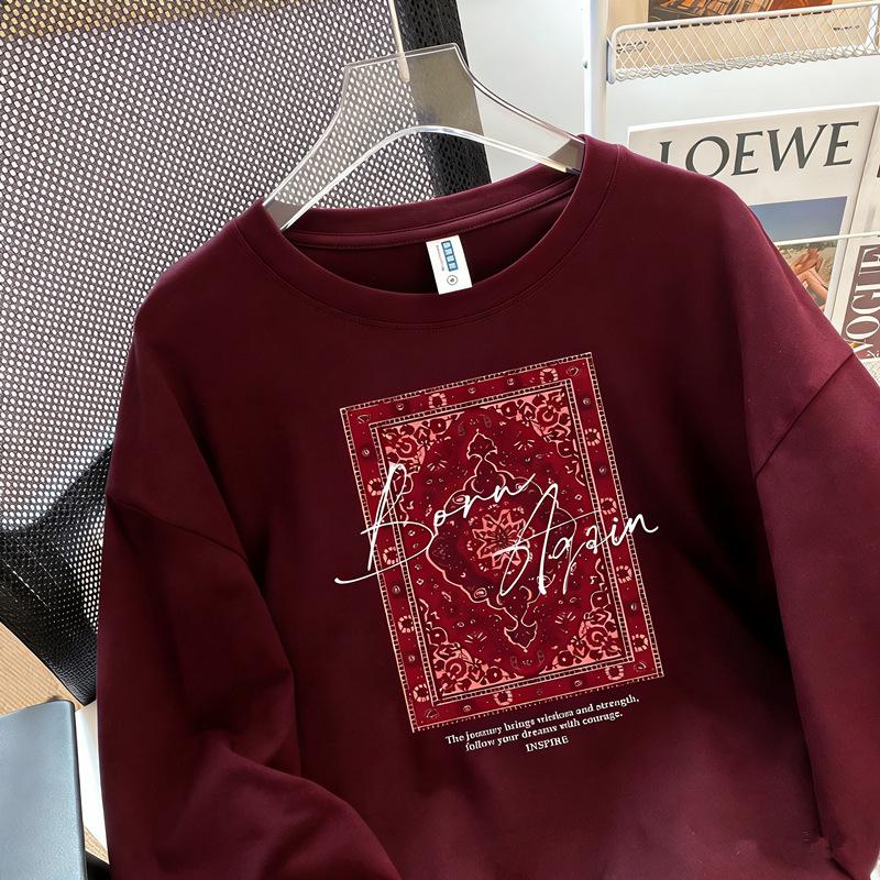 100% Cotton Vintage Print Long Sleeve T-Shirt, Lazy Style Versatile European-American Early Autumn Fashion