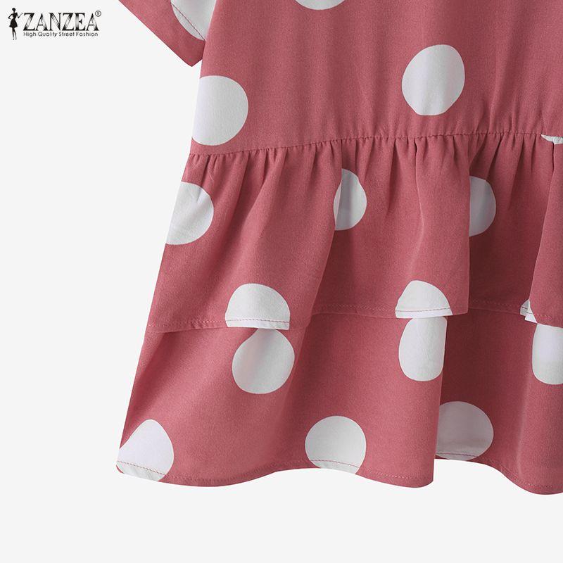 ZANZEA Damen Klassischer Kragen Sommer Lässig Tupfenmuster Kurzarm Bluse