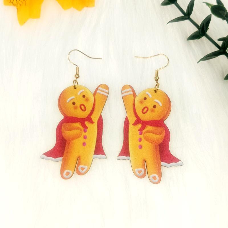 Europäische & Amerikanische Weihnachts-Lebkuchenmann-Cartoon-Ohrringe mit Holzschnitt-Farbdruck