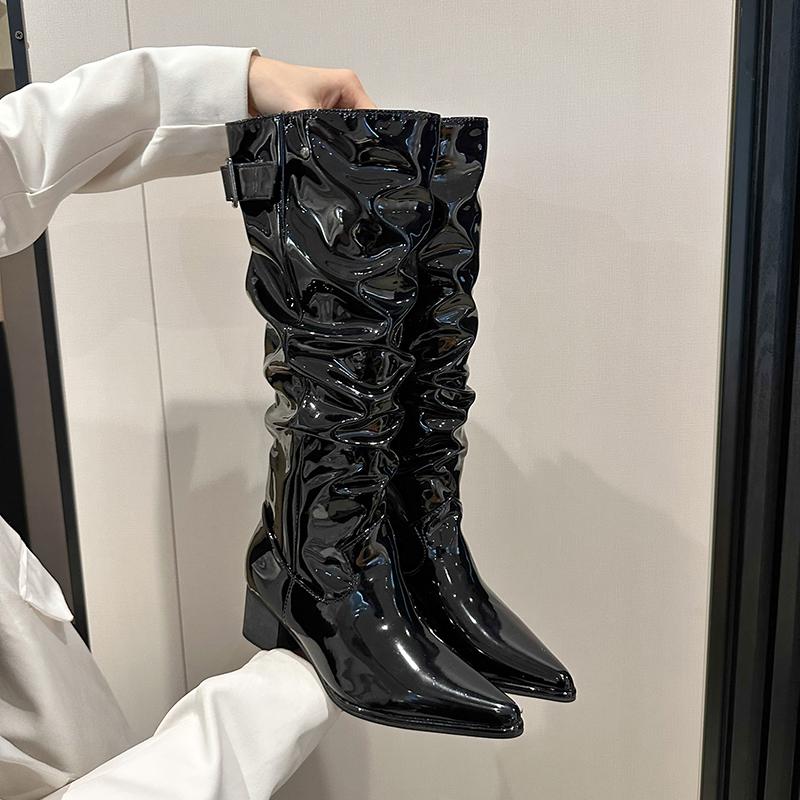 Sexy Pointed Toe Women High Boots Fashion High Heels Glossy Leather Shoes  Winter Suede Knee Goth Botas Mujer Luxury Pumps