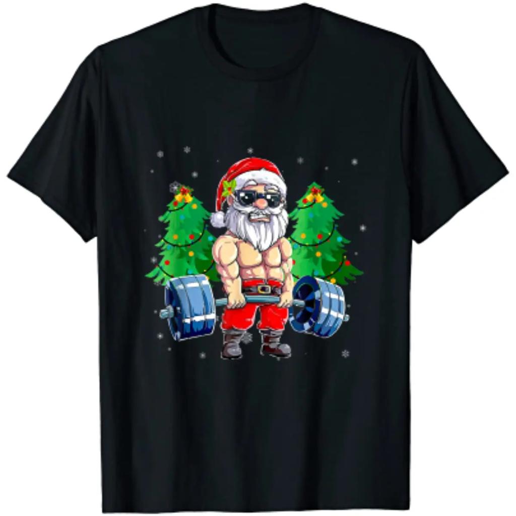 Weightlifting Fitness Gym Santa Claus Christmas Day Unisex TShirt Short Sleeve Casual Cotton Boys TShirts