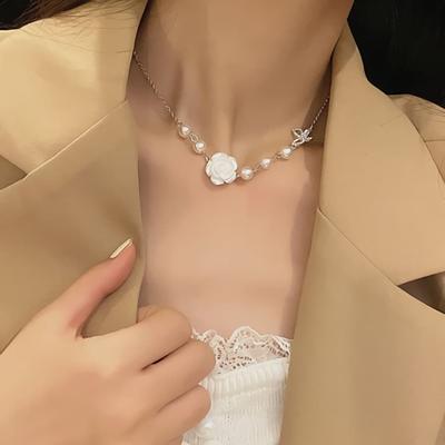 Women's Daily Chain White Rose and Butterfly Necklace