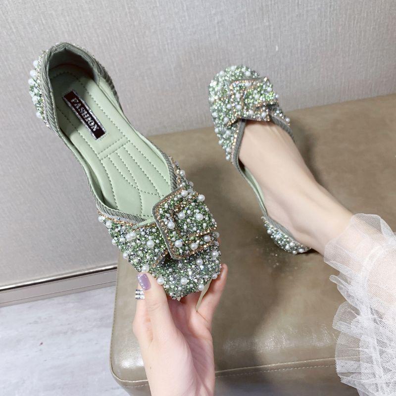 

Жіночі туфлі на низькому ходу, весна-літо, суперхіт, універсальні, з дрібним вирізом, квадратний носок, туфлі-біні з стразами, жіночі 40 зелений